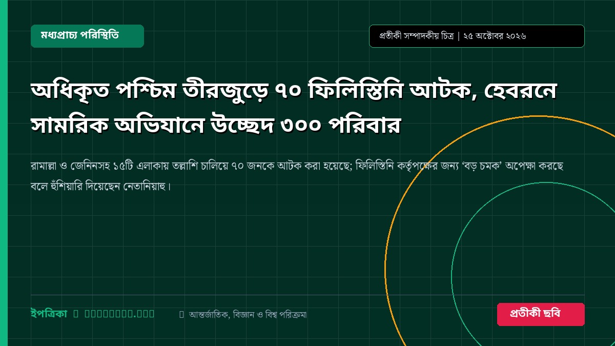অধিকৃত পশ্চিম তীরজুড়ে ৭০ ফিলিস্তিনি আটক, হেবরনে সামরিক অভিযানে উচ্ছেদ ৩০০ পরিবার